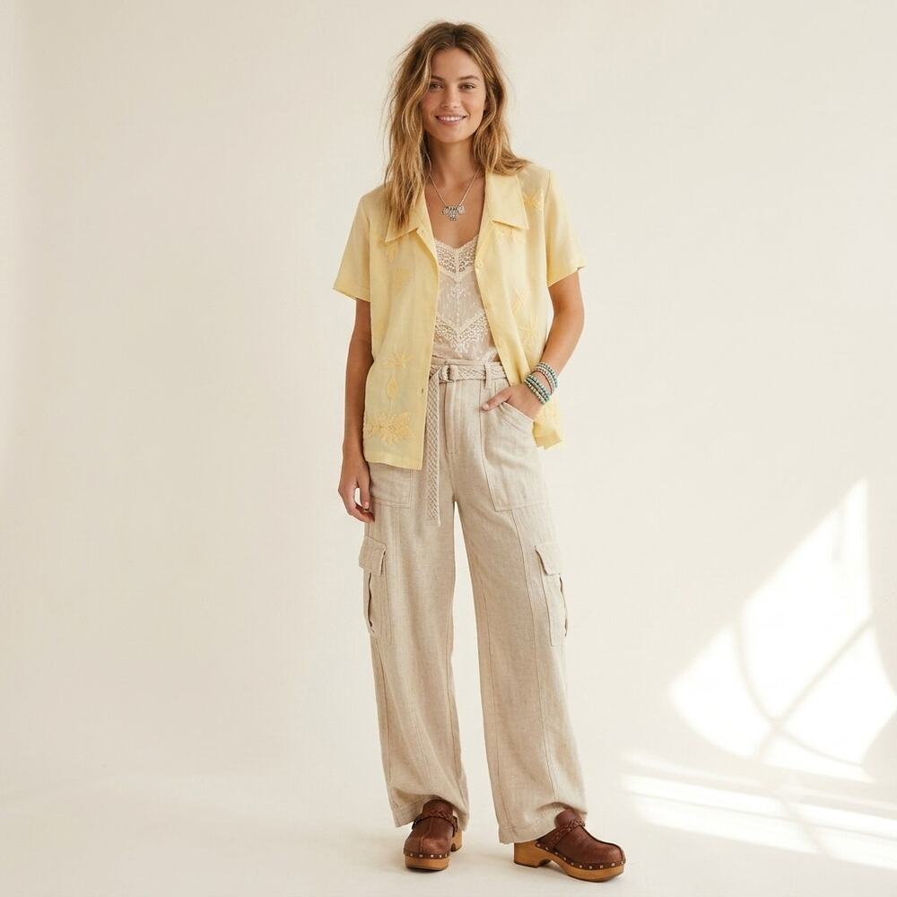 90s Thoi Trang Butter Yellow Sheer Dragonfly Embroidery Blouse M Cottagecore